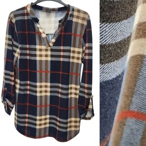 WinWin Tunic Top Womens L-XL Blue Brown Plaid V-Neck Roll Tab Sleeve Casual